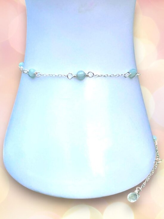 Bea's Handmade Jewelry Jewelry - Aquamarine Coin Anklet/Bracelet in Sterling Silver, March Birthstone